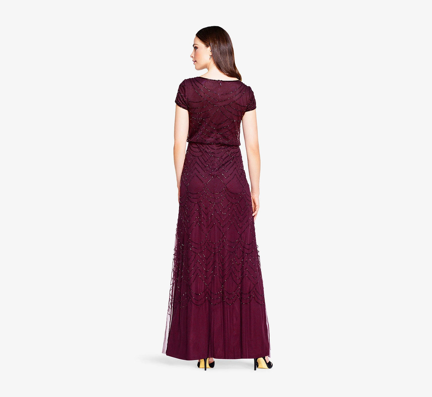 Short Sleeve Beaded Blouson Gown In Cassis