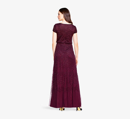 Short Sleeve Beaded Blouson Gown In Cassis