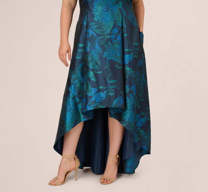 Plus Size Ruffle Floral Jacquard High Low Gown In Cobalt Multi