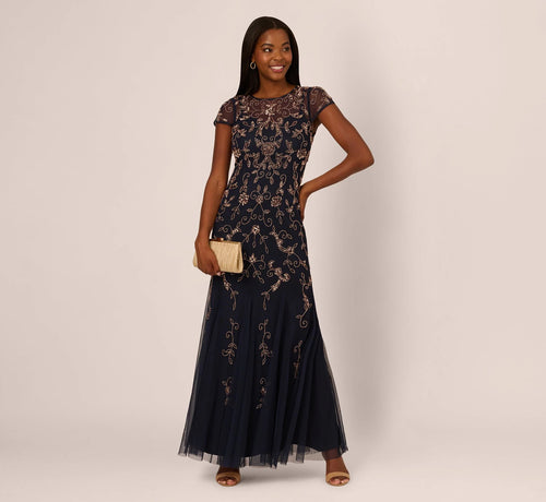 Floral Beaded Godet Gown With Sheer Neck And Short Sleeves In Navy Rosegold