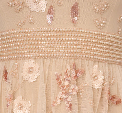 Cap Sleeve Pearly Sequin Cocktail Dress In Pale Pink
