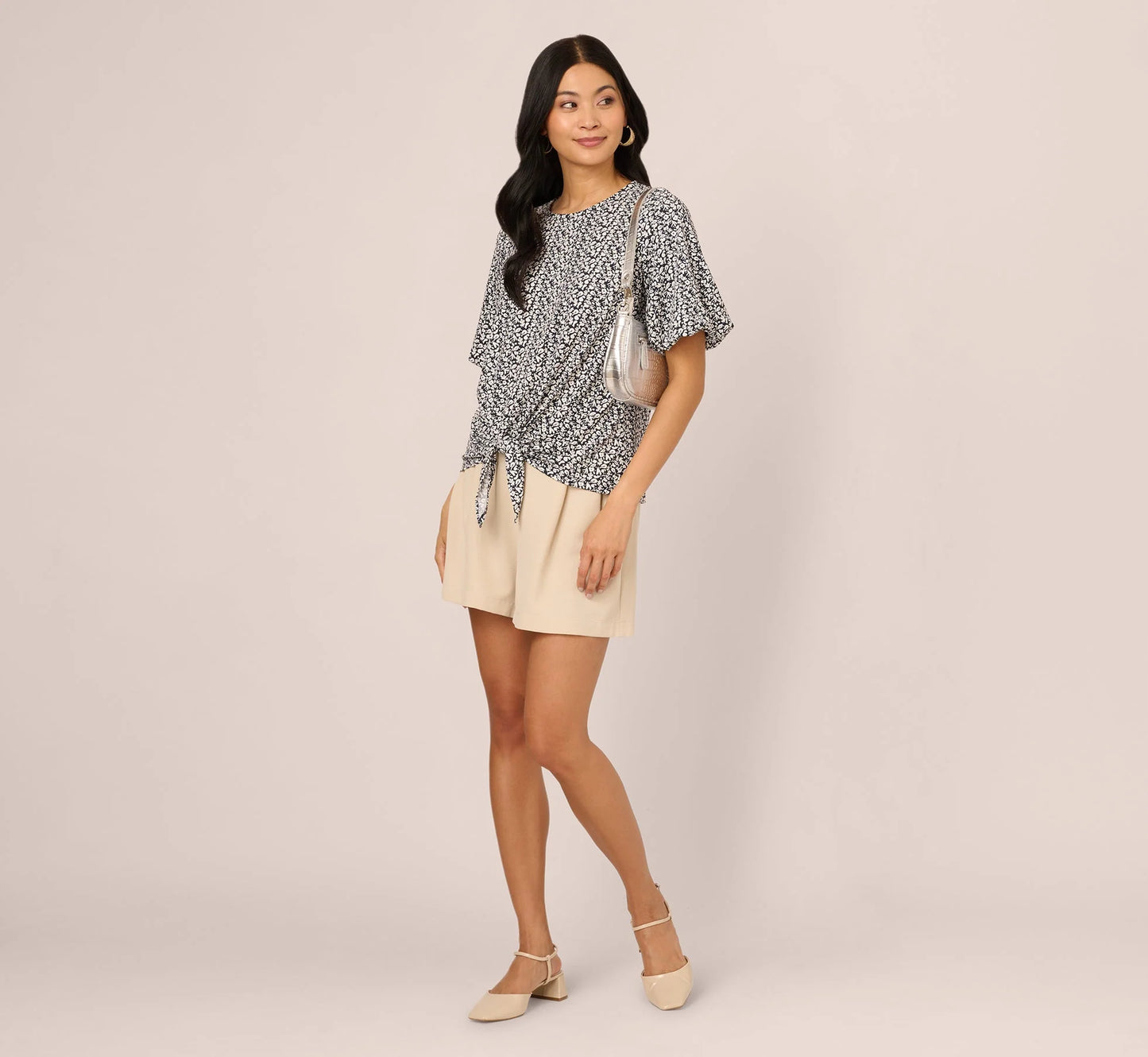 Bubble Sleeve Printed Tie Waist Top In Navy Stencil