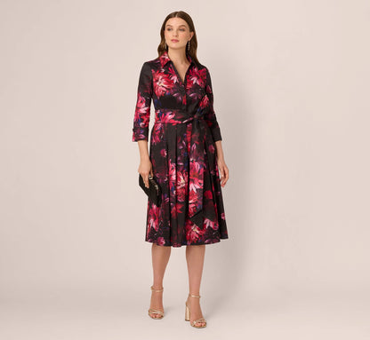 Three Quarter Sleeve Floral Taffeta Shirt Dress In Black Multi