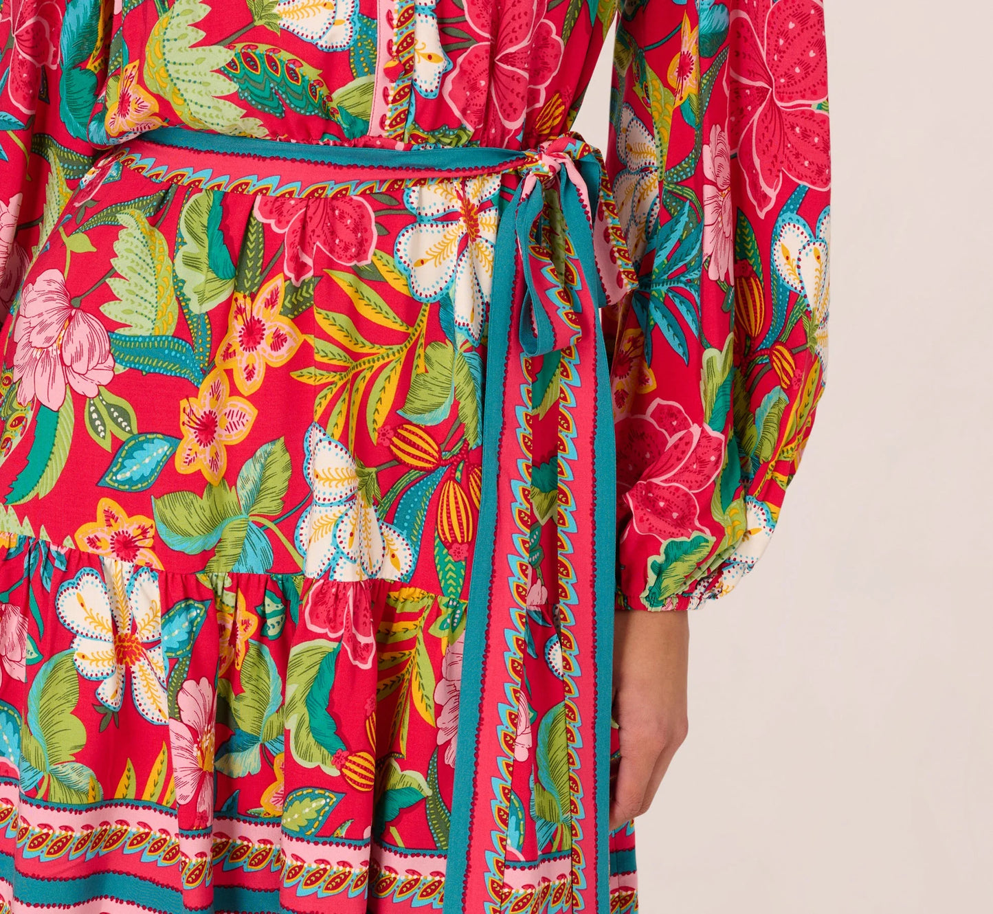 Bishop Sleeve Tropical Floral Short Dress In Red Multi