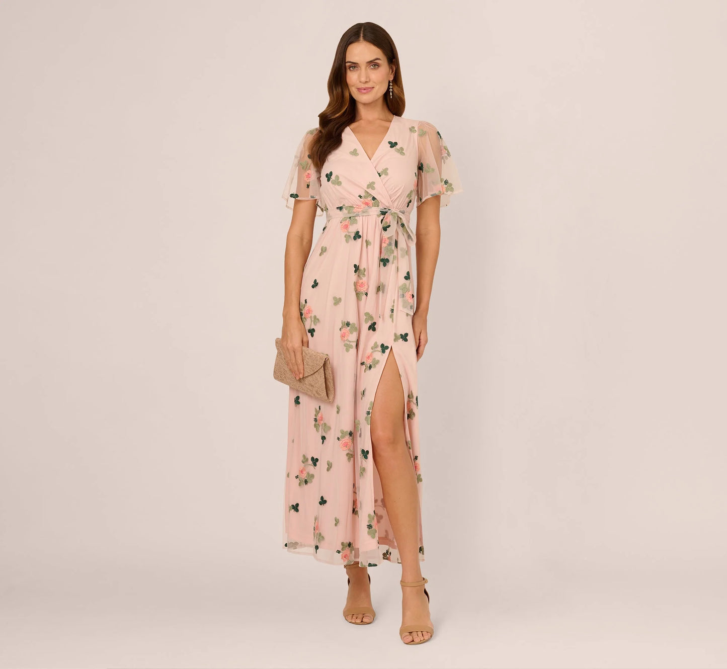 Floral Embroidered Maxi Dress With Sheer Flutter Sleeves In Blush Multi
