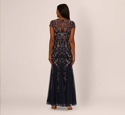 Floral Beaded Godet Gown With Sheer Neck And Short Sleeves In Navy Rosegold