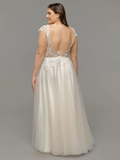 A LINE TULLE CAP SLEEVE WEDDING DRESS WITH LACE