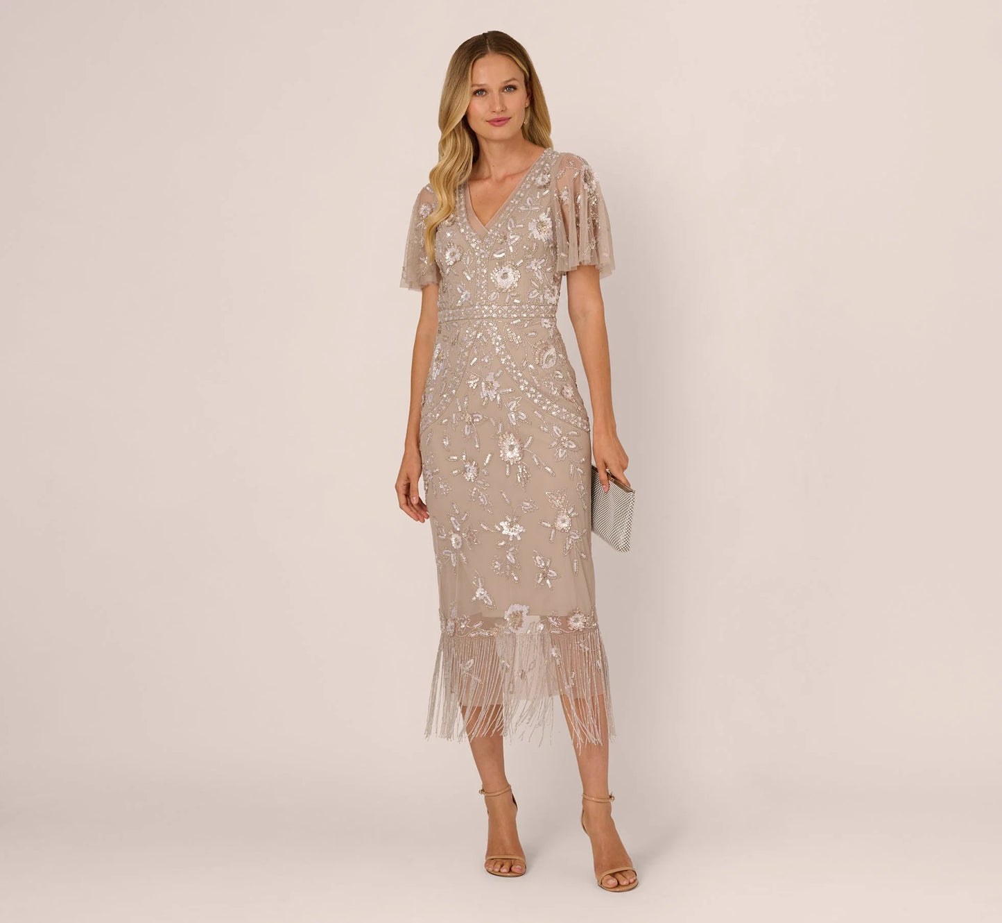 Flutter Sleeve Floral Beaded Fringe Midi Dress In Marble
