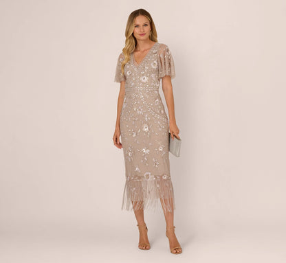Flutter Sleeve Floral Beaded Fringe Midi Dress In Marble