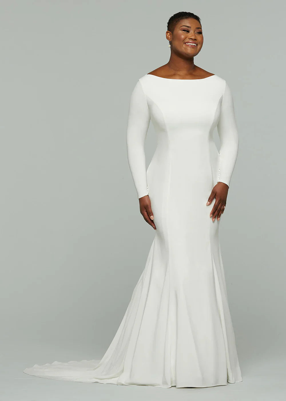 CHIFFON MERMAID WEDDING DRESS WITH BATEAU NECKLINE AND LONG SLEEVES