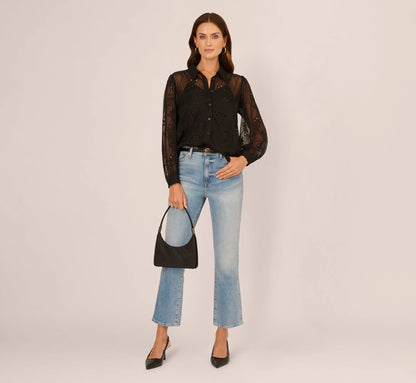 Long Sleeve Sheer Floral Eyelet Lace Blouse In Black