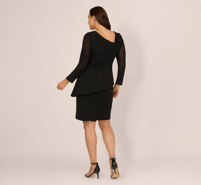 Plus Size Long Sleeve Asymmetrical Peplum Sheath Dress In Black