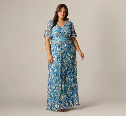 Plus Size Flutter Sleeve Crinkle Foil Floral Gown In Blue Multi