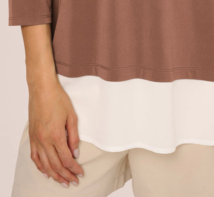 Three Quarter Sleeve Collared Twofer Sweater In Elderberry Ivory
