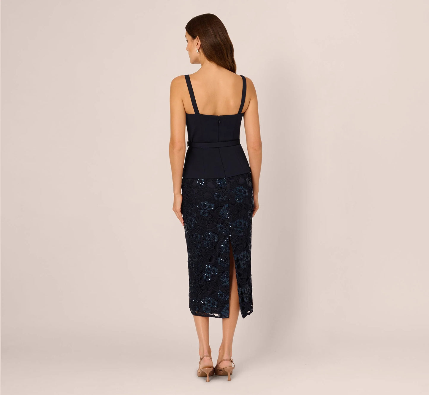 Sleeveless Sequin Lace Combo Midi Dress In Midnight