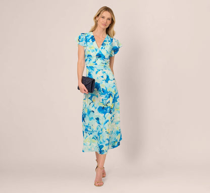 Flutter Sleeve Floral Chiffon Midi Dress In Blue Multi