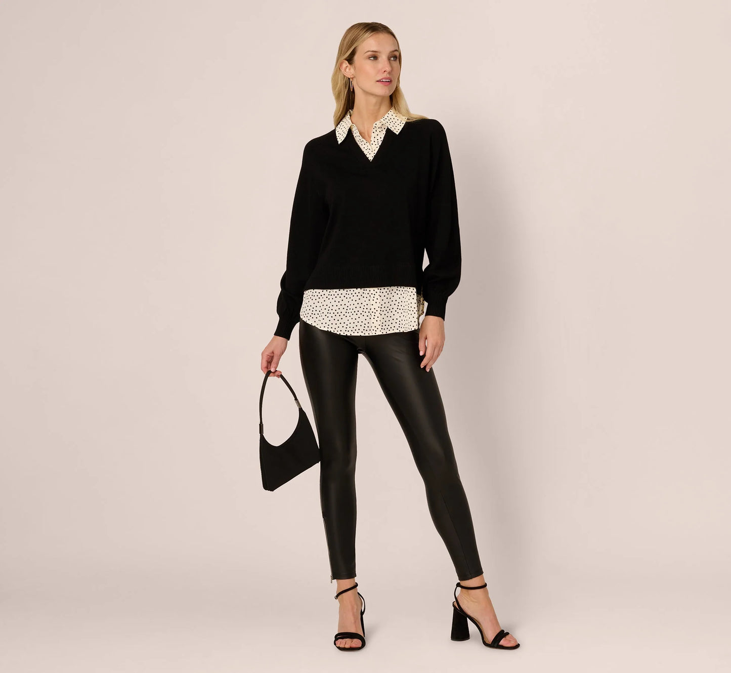 Long Sleeve Collared Printed Twover Sweater In Black W  Cream Abstract Dot