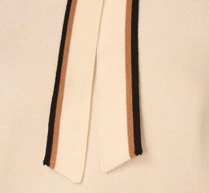 Short Sleeve Tie Neck Knit Top In Cream Black Camel