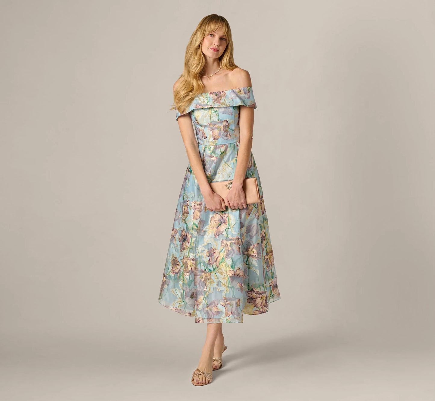 Off Shoulder Watercolor Floral Jacquard Ankle Dress In Blue Multi
