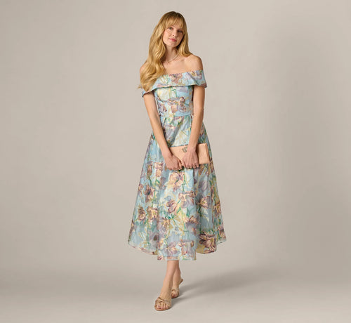 Off Shoulder Watercolor Floral Jacquard Ankle Dress In Blue Multi