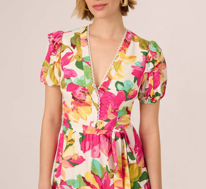 Puff Sleeve Flounce Mini Dress In White Multi