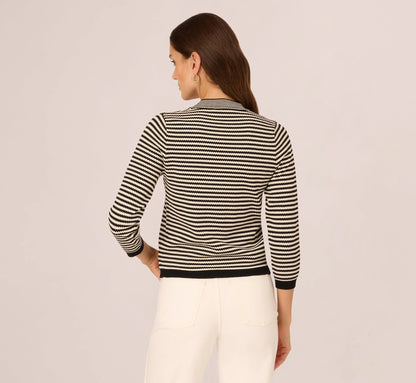 Three Quarter Sleeve Bow Pullover Sweater In Cream Black