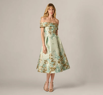 Floral Jacquard Ankle Length Dress With Off The Shoulder Neckline In Sage Gold