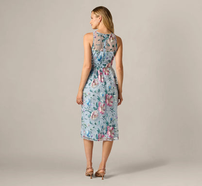 Sequin Beaded Floral Embroidery Illusion Midi Dress In Blue Multi