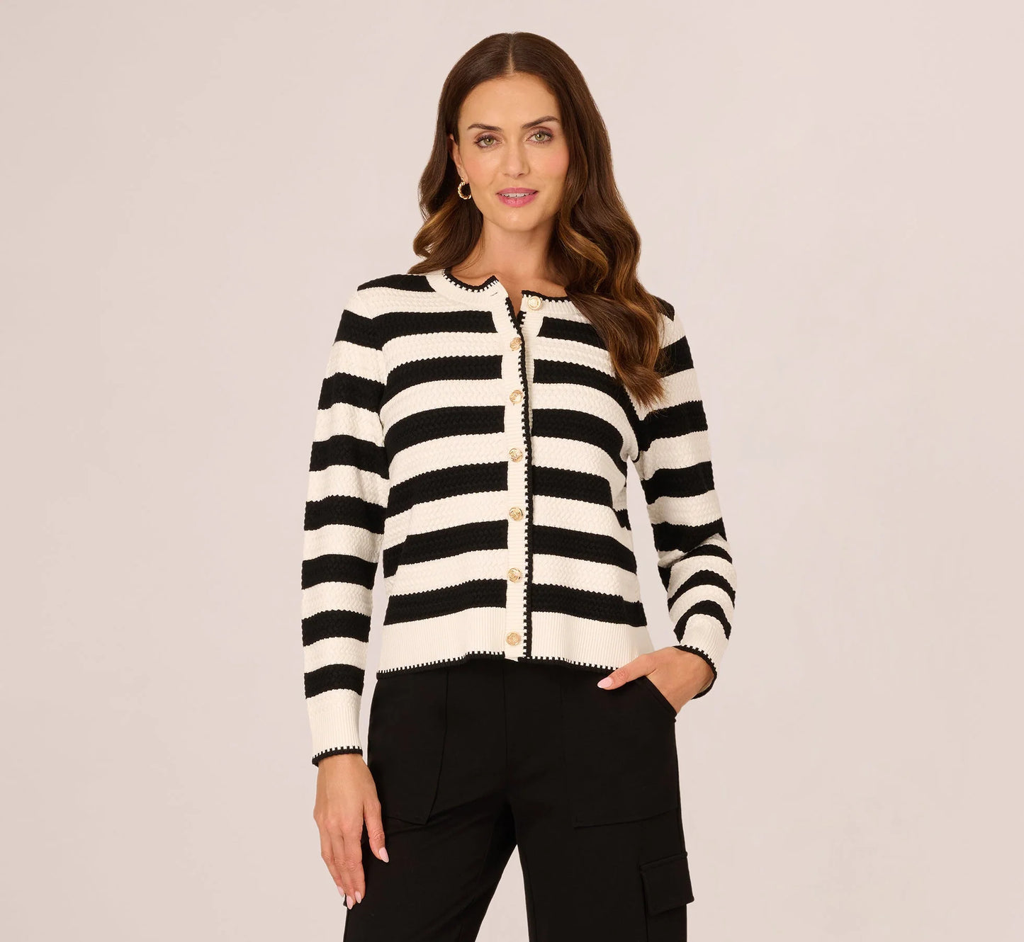 Textured Knit Blanket Stitch Cardigan Sweater In Ivory Black