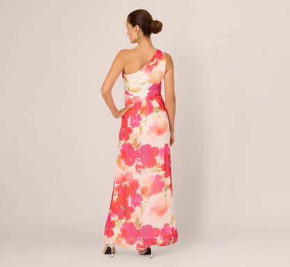 One Shoulder Watercolor Floral Stripe Gown In Ivory Pink Multi