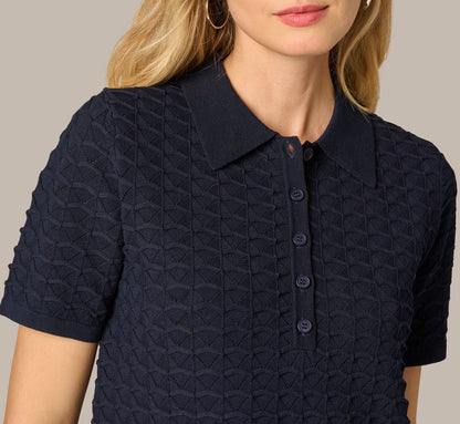 Short Sleeve Open Pointelle Polo Top In Blue Moon