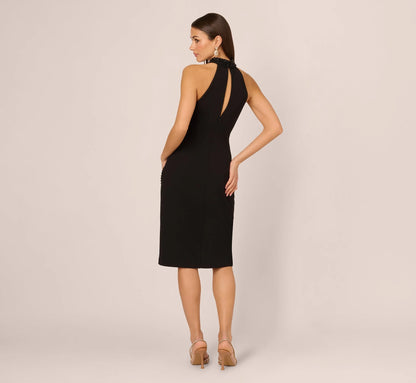 Beaded Detail Halter Midi Sheath Dress In Black