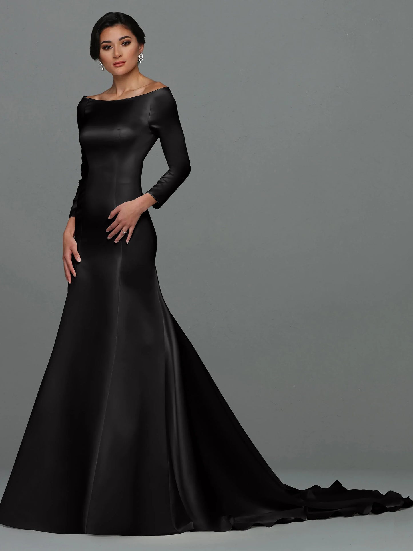 SATIN FIT AND FLARE WEDDING DRESS WITH LONG SLEEVES