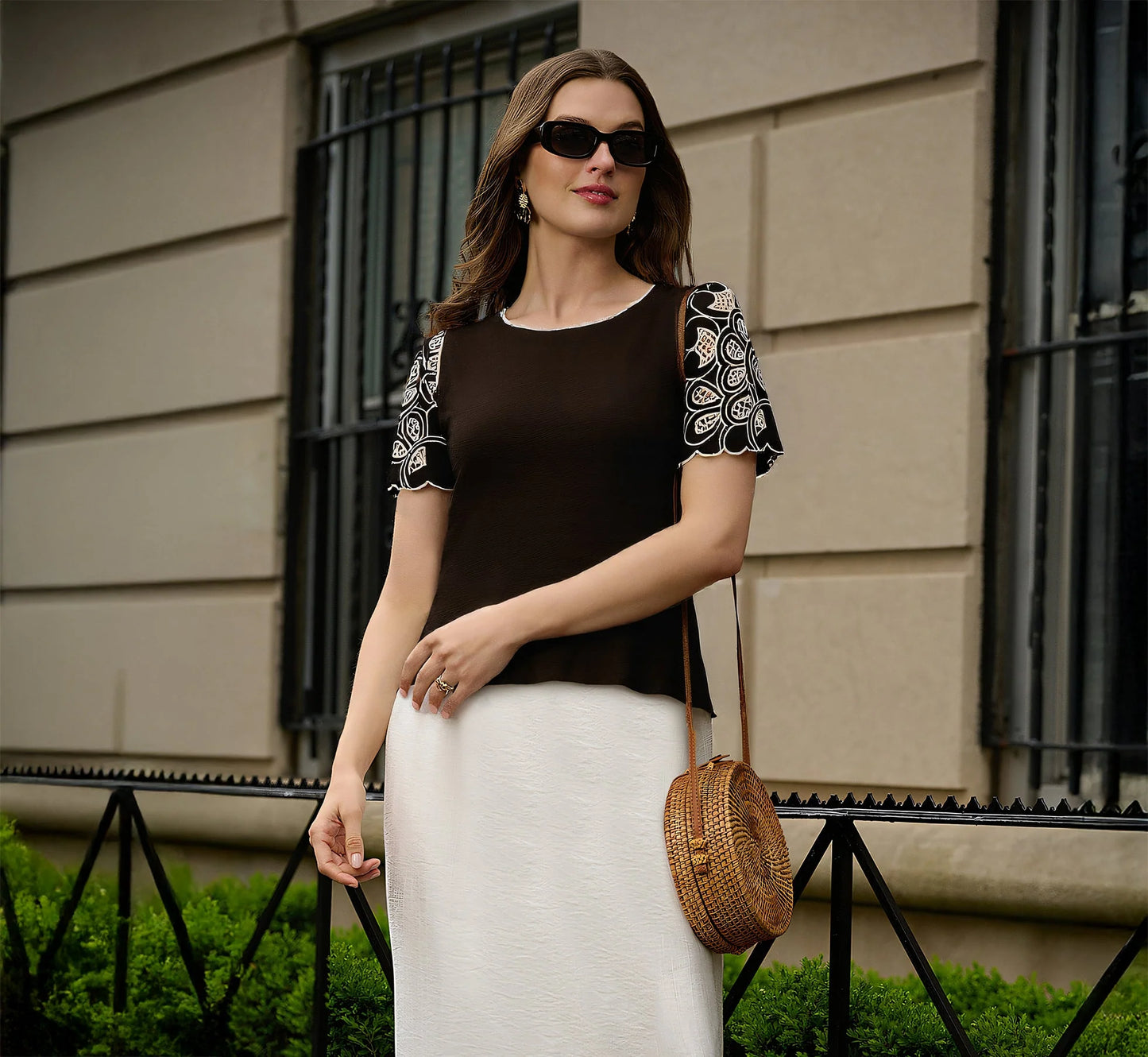 Short Sleeve Embroidered Lace Top In Black Ivory