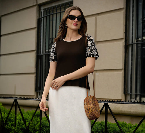 Short Sleeve Embroidered Lace Top In Black Ivory