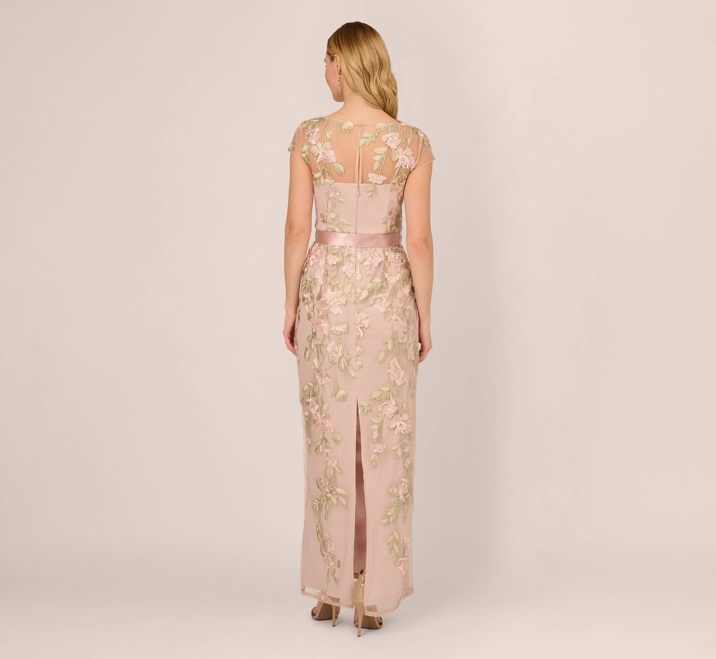 Short Sleeve Floral Embroidered Gown With Ribbon Tie Waist In Blush Nude Multi