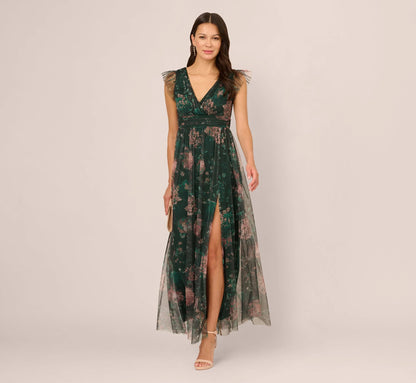 Flutter Sleeve Floral Tulle Maxi Dress In Hunter Multi