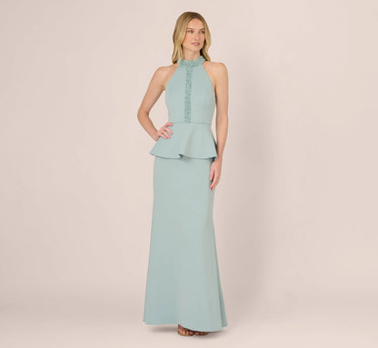 Sleeveless Pearly Halter Peplum Gown In Aqua Dust