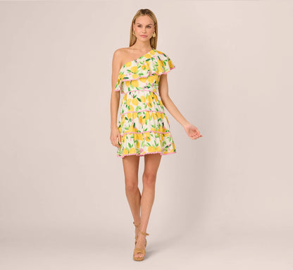 One Shoulder Ruffle Lemon Print Mini Dress In White Multi