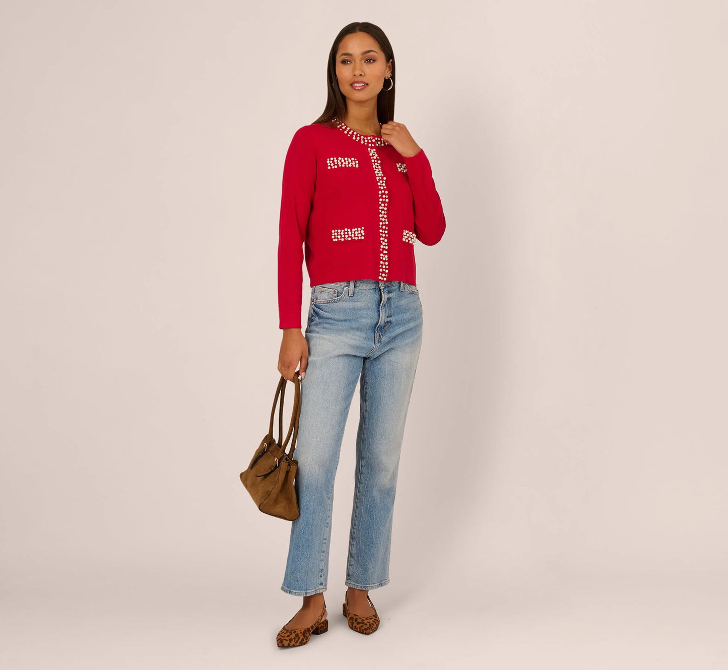Rhinestone Pearly Cardigan Sweater In Haute Red