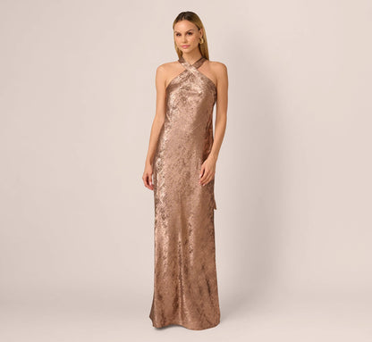 Foiled Mermaid Gown With Halter Neckline In Mocha