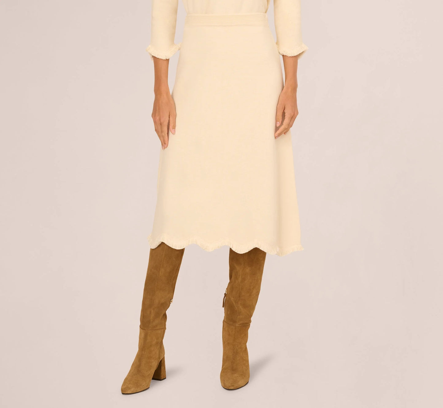 Sweater Knit Scalloped A Line Midi Skirt In Cream
