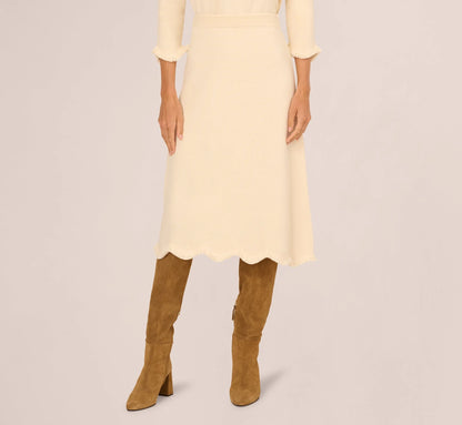 Sweater Knit Scalloped A Line Midi Skirt In Cream
