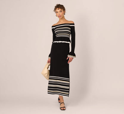 Off Shoulder Bell Sleeve Stretch Midi Dress In Ivory Black