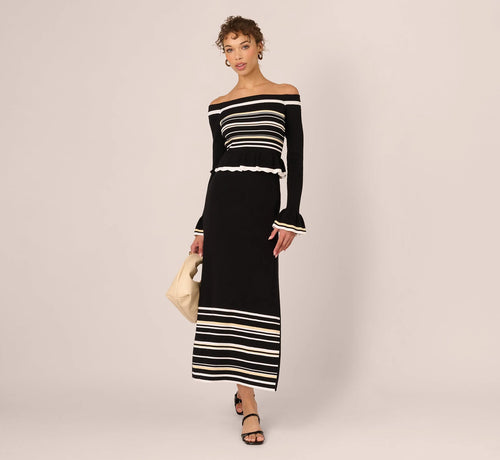 Off Shoulder Bell Sleeve Stretch Midi Dress In Ivory Black