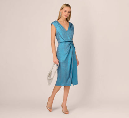 Foil Blouson Midi Dress With Faux Wrap Skirt In Ocean Dream
