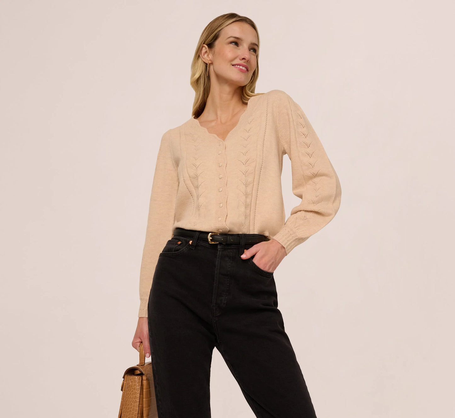 Long Sleeve Scalloped Pointelle Cardigan Sweater In Heather Fawn