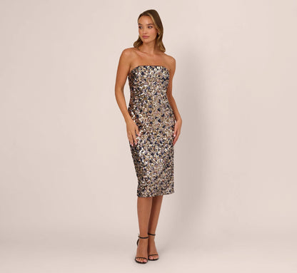 Strapless Sequin Midi Sheath Dress In Multi