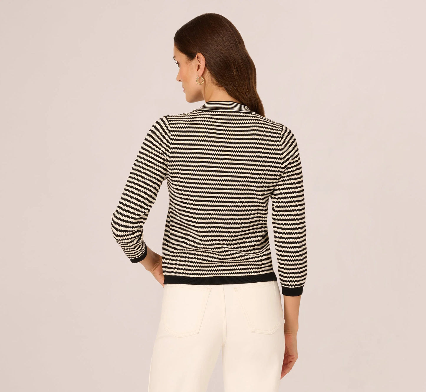 Three Quarter Sleeve Bow Pullover Sweater In Cream Black