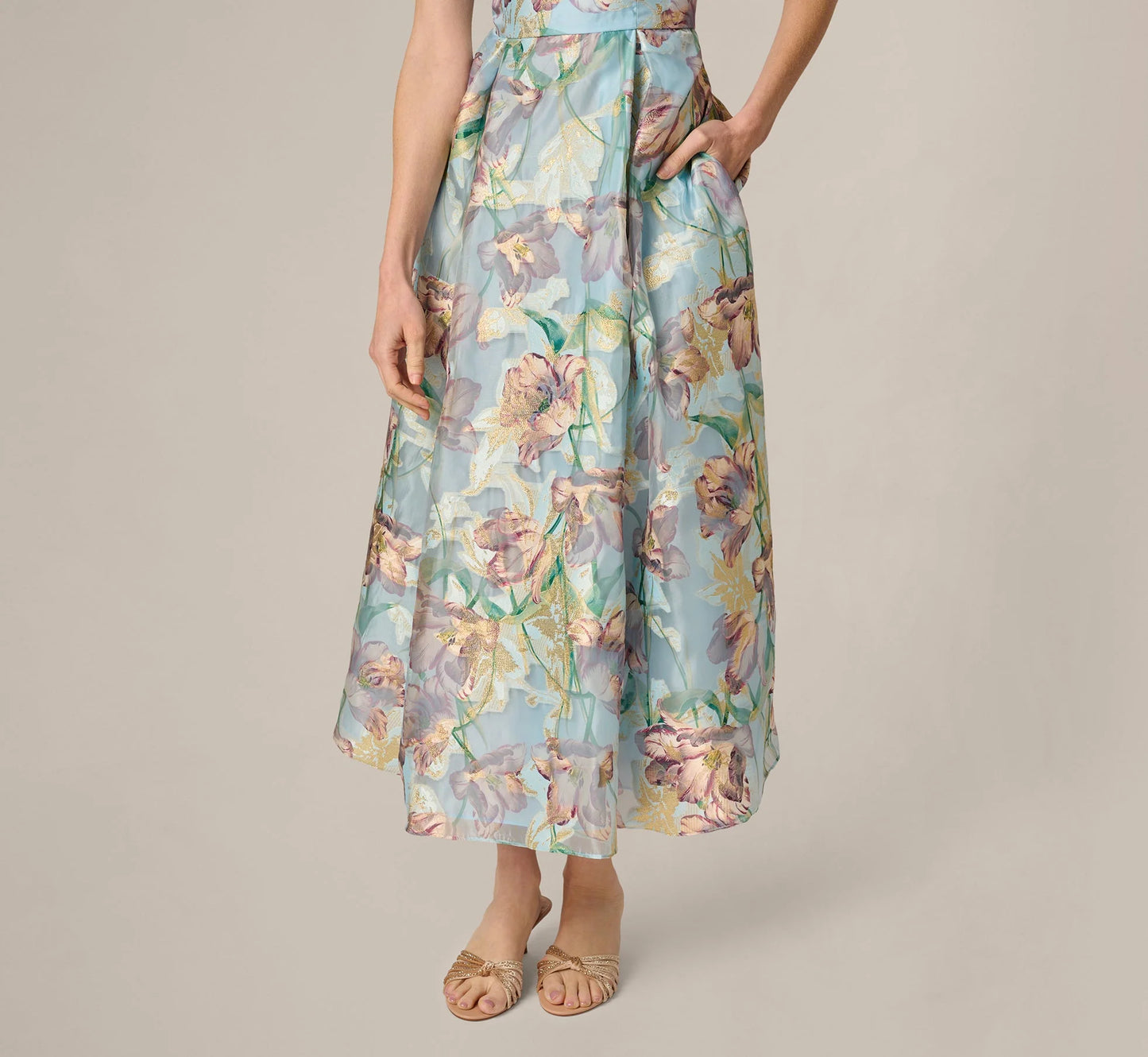 Off Shoulder Watercolor Floral Jacquard Ankle Dress In Blue Multi